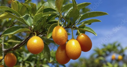 Fresh ripe kumquats hanging on a branch with green leaves, close-up of organic citrus fruit growing outdoors on a sunny day.