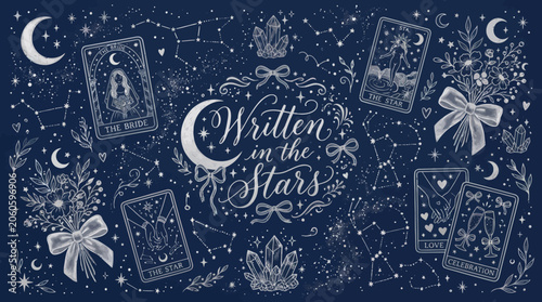 Tarot card design with bride and celestial elements on navy background