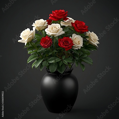 Beautiful red and white flowers in a black pot.