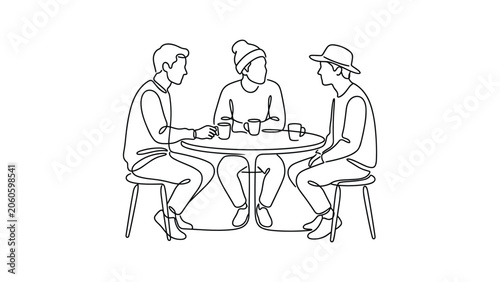 Photos Continuous line drawing of three young men talking at a cafe table