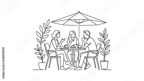 Quadro su tela Continuous line art illustration of three friends sitting at a cafe table