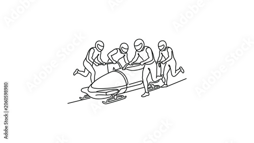 Canvas Print Continuous one line drawing of a four man bobsleigh team pushing the sled at the start