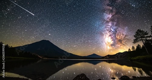 Milky Way galaxy over a calm lake with mountain silhouettes, night sky landscape with starry reflections on water.
