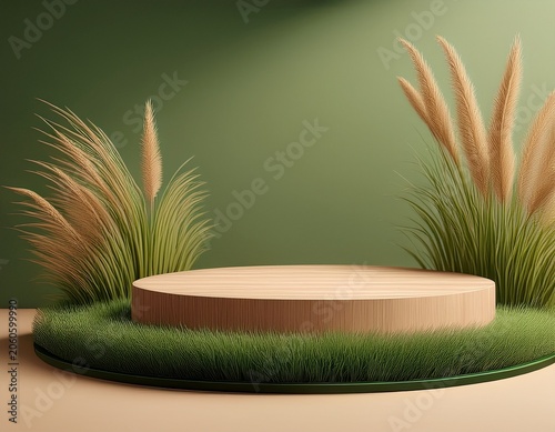 3d render podium product stand stage promotion with wood cylinder and grass