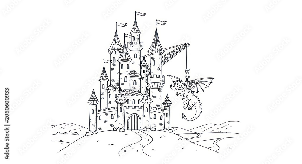 Naklejka premium A medieval-style castle with towers and battlements, a dragon flying nearby
