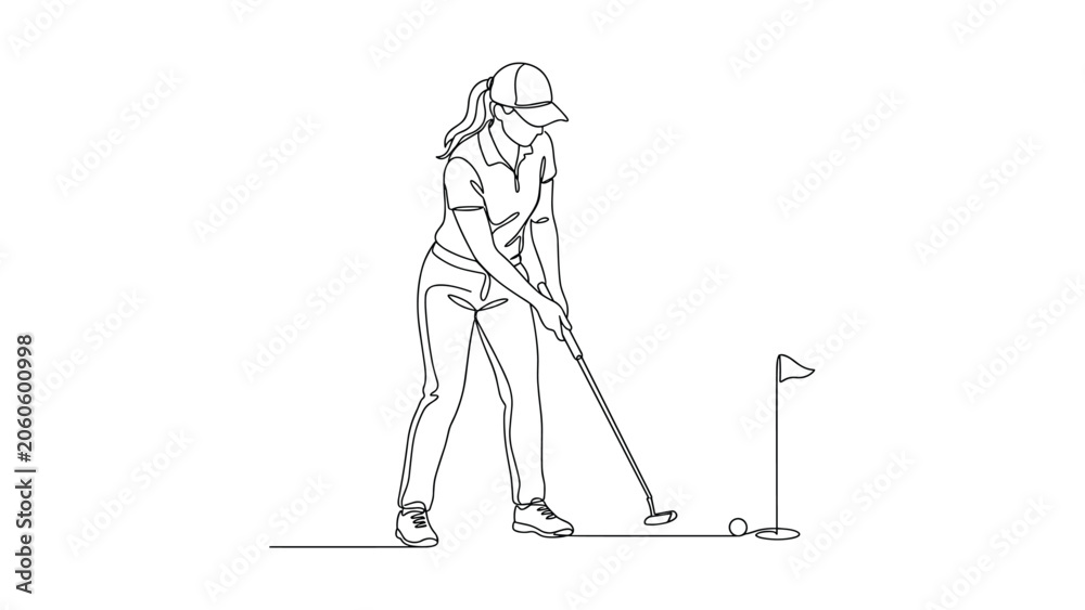 Αυτοκόλλητο Continuous line drawing of a female golfer putting on a green.