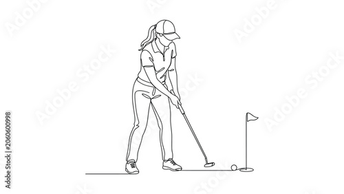 Photos Continuous line drawing of a female golfer putting on a green.