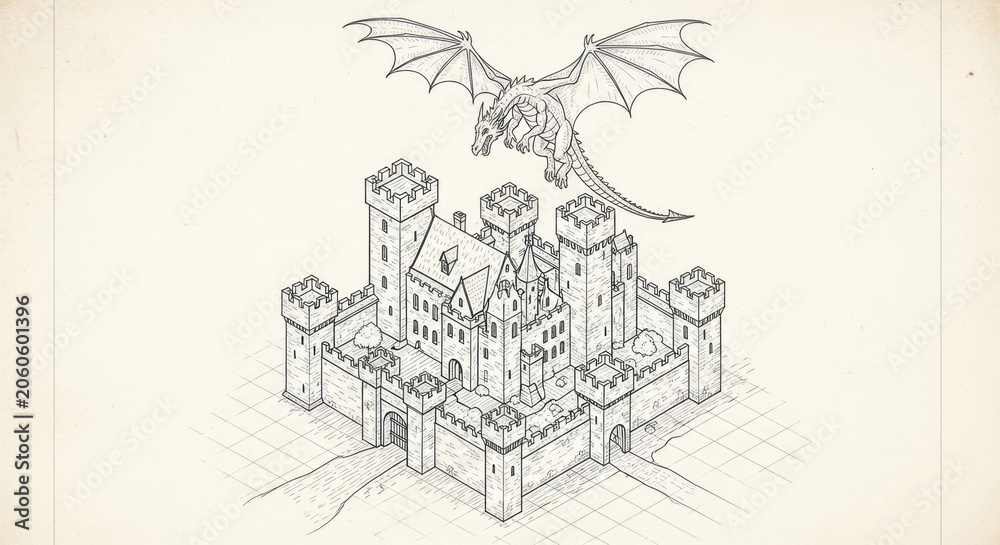 Fototapeta premium A medieval castle with towers and battlements under a flying dragon