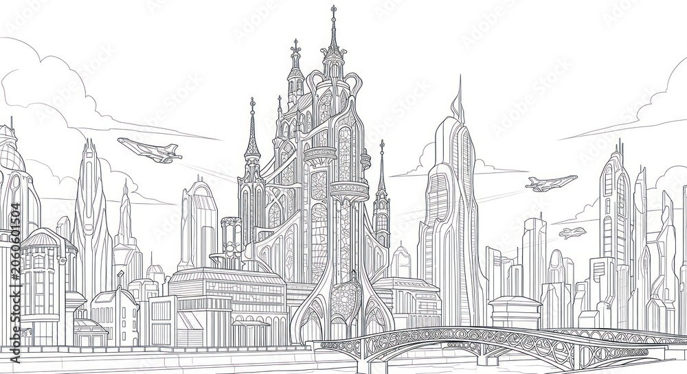 Obraz premium Futuristic cityscape with tall skyscrapers and detailed architecture