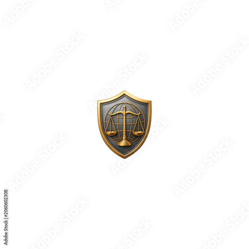 Legal protection shield with globe and justice scales