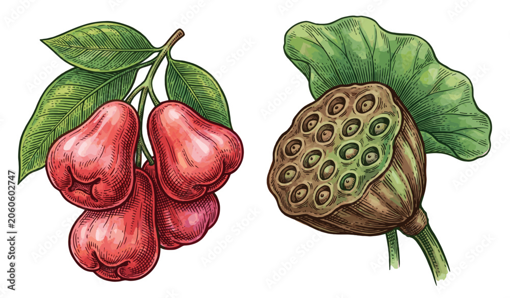 Fototapeta premium Hand-drawn botanical illustration featuring red wax apples with green leaves and a dried brown lotus seed pod isolated