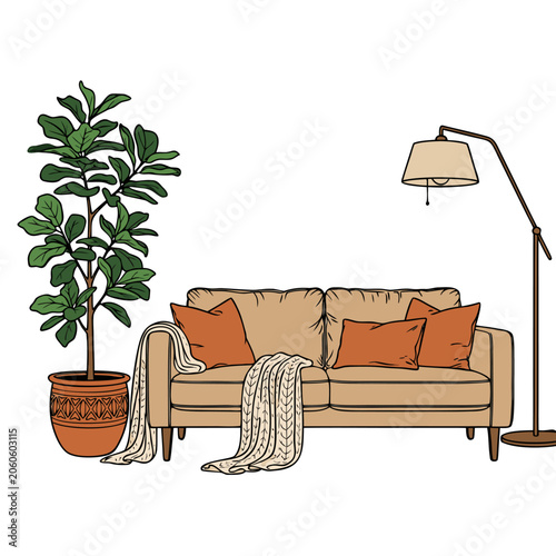 Beige Sofa Orange Pillows Potted Plant Floor Lamp