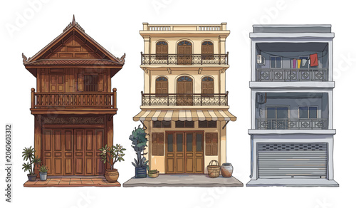 Foto Set of Southeast Asian traditional and vintage colonial shop houses, classic woo