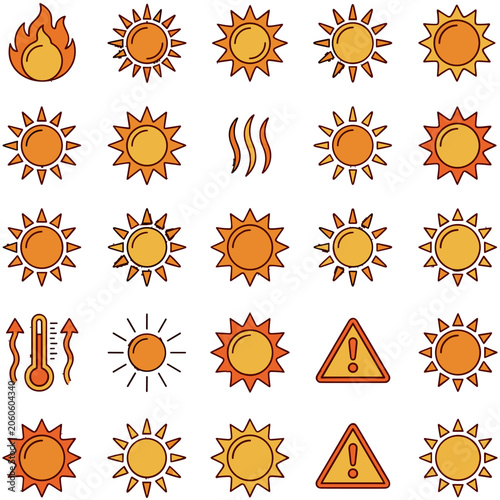 Extreme Heat Sun Icon Set 2D Vector Line Art Vector Illustration On A Transparent Background