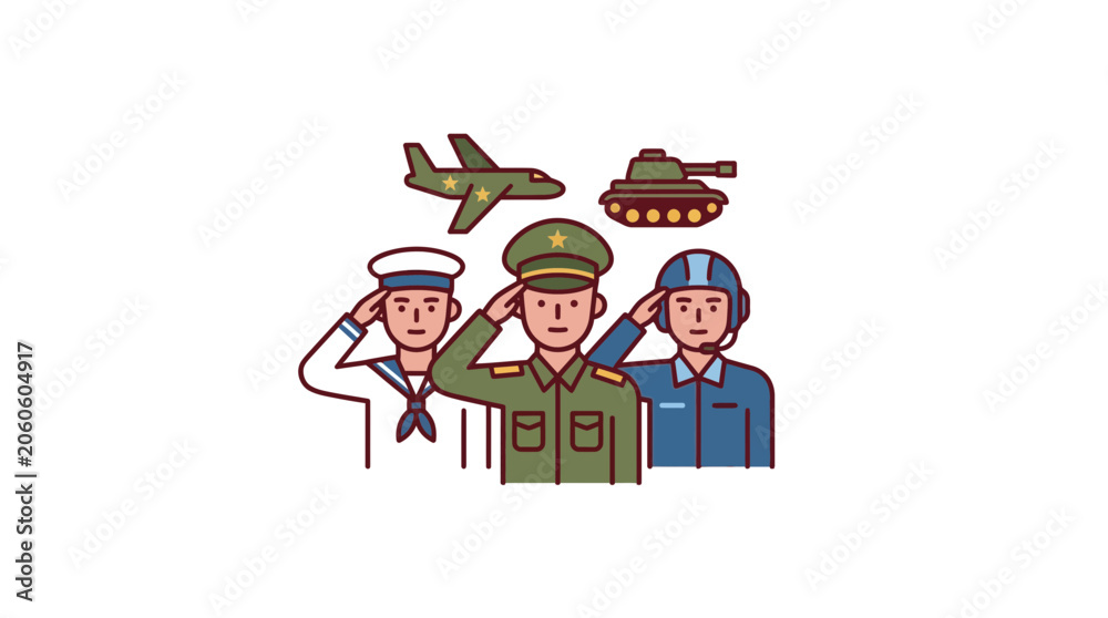 Obraz premium Saluting Military Personnel with Fighter Jet and Tank Illustration