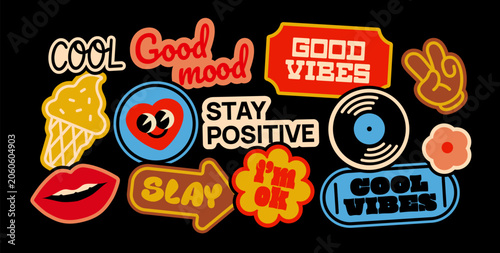 Foto Vector set of groovy pop art stickers with positive phrases, smiley face, peace sign, ice cream, lips and retro badges