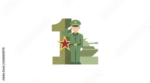 Fotografie Saluting Soldier Illustration with Number One and Tank