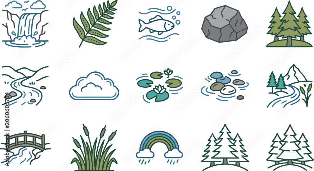 Naklejka premium Set of hand drawn nature and landscape icons with outline style.