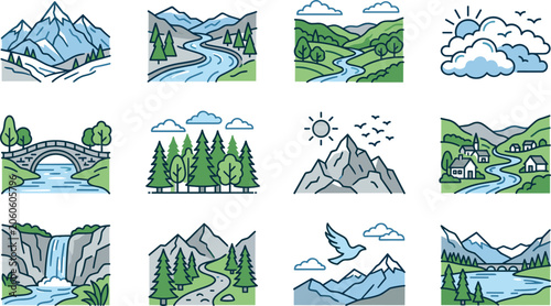 Set of twelve hand drawn landscape nature icons.