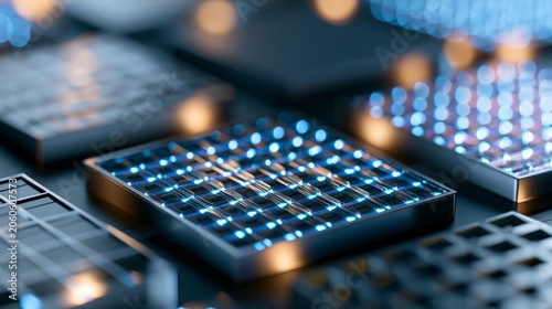 silicon photonics wafer with glowing optical waveguides in cleanroom