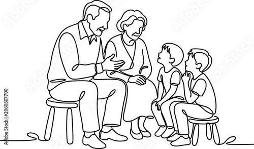 Obraz na płótnie Continuous line drawing of grandparents telling stories to their grandsons