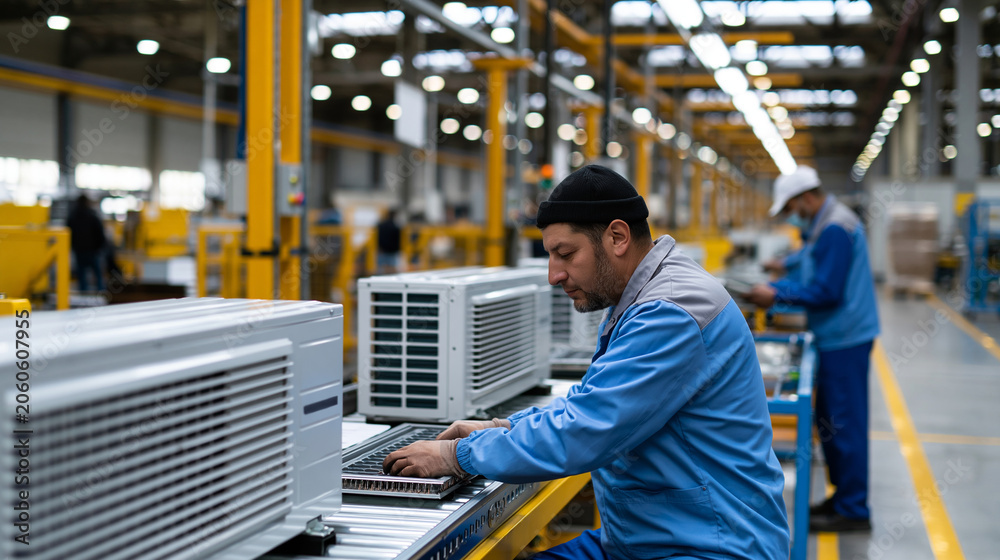 Fototapeta premium Workers assembling air conditioners on a production line in a modern manufacturing plant, industrial HVAC production concept, with copy space