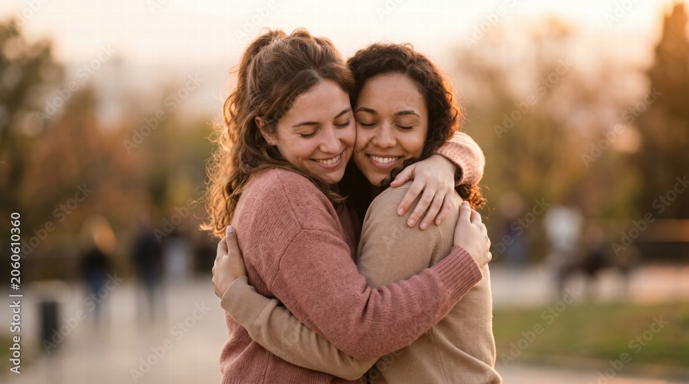 Fototapeta premium Emotional embrace between friends at sunset outdoor park candid photography warm atmosphere soft light