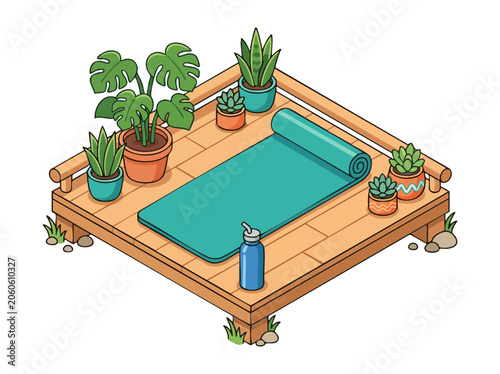 Isometric Yoga Deck with Potted Plants and Exercise Mat Illustration