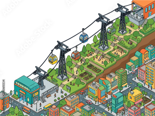 Isometric Urban Landscape with Cable Car System and Terraced Park