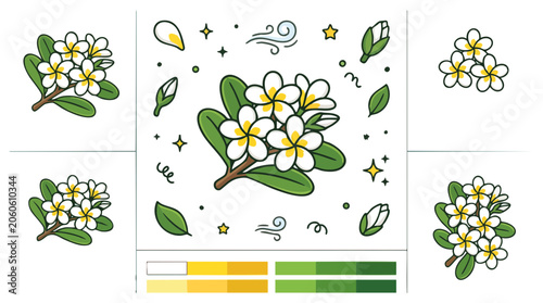 Frangipani plumeria flower and leaf doodle vector illustration set