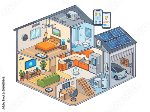 Isometric Smart Home Ecosystem with IoT Devices and Solar Energy