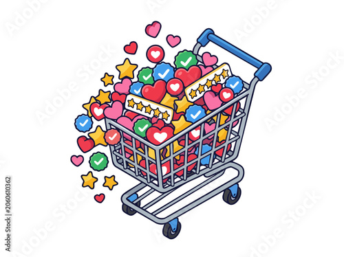 Isometric Shopping Cart Full of Social Media Likes Hearts and Stars
