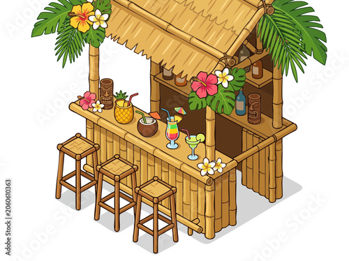 Isometric Tropical Tiki Bar with Bamboo and Exotic Cocktails