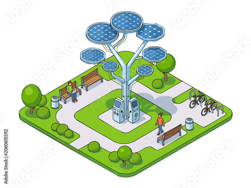 Isometric Solar Tree in Modern Eco Friendly City Park