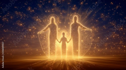 Glowing family silhouette made of light particles against a starry night sky