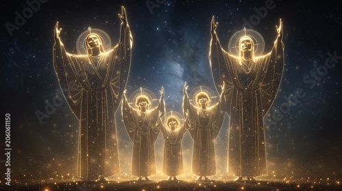 Golden Family Figures with Halos Against a Starry Cosmic Background