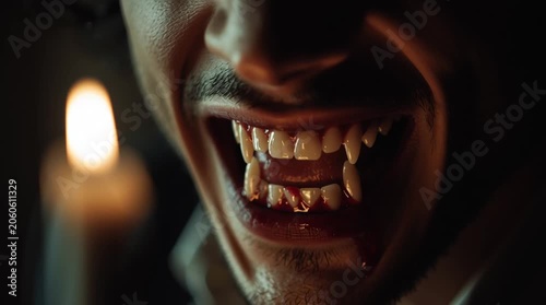 Close up of a man with vampire fangs and blood dripping from his mouth lit by candlelight