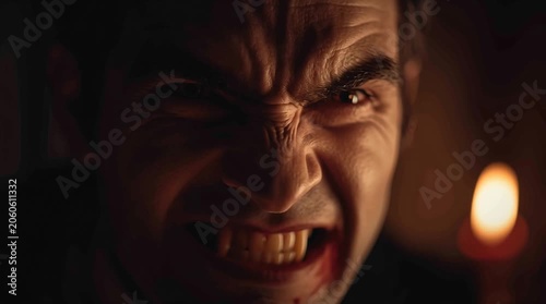 Scary vampire with fangs and blood on lips in dark room with candles