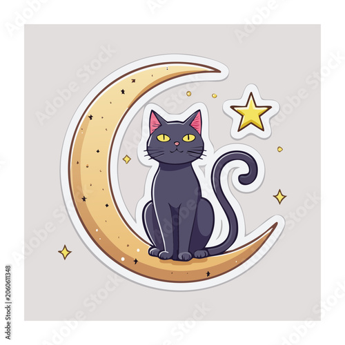 Cartoon Black Cat Sitting on Crescent Moon with Star