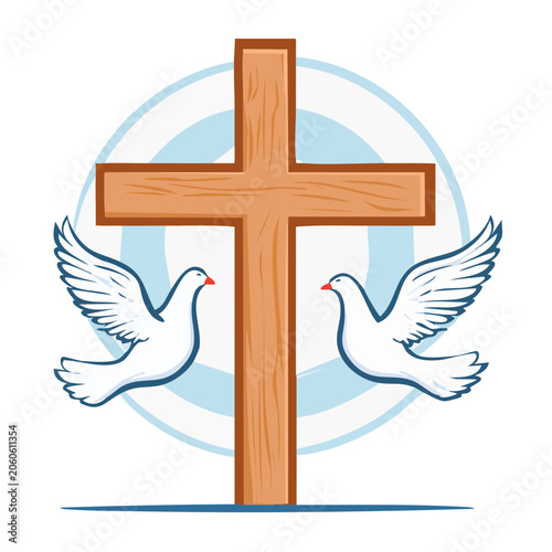 Christian cross with two doves and blue circle