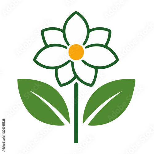 Flat design icon of a white flower with green leaves