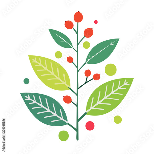 Flat design illustration of a plant with red berries and green leaves