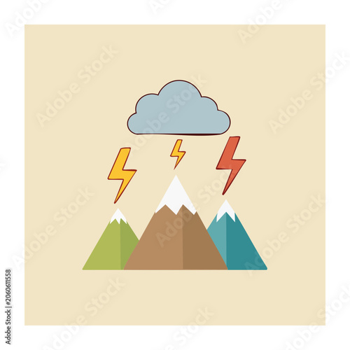 Flat design illustration of mountains with lightning and cloud