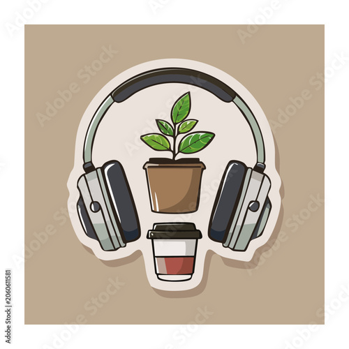 Headphones with potted plant and coffee cup illustration
