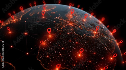 Global network of connections and locations shown on a dark planet with glowing lights and red map pins