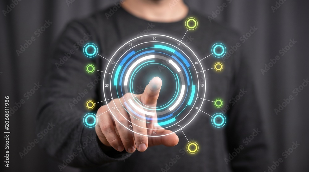 Fototapeta premium Hand Touching Digital Interface with Circular Technology Icons on Dark Background