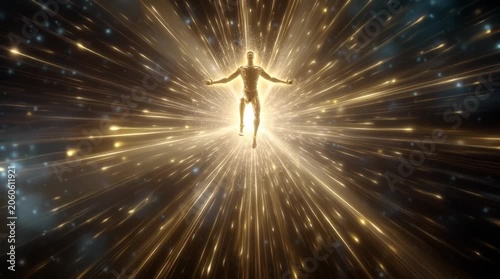 Golden Human Figure Radiating Light Energy in Cosmic Space