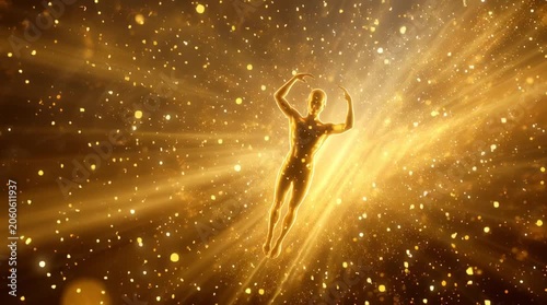 Golden Human Figure Ascending Through Cosmic Nebula with Light Rays and Stars