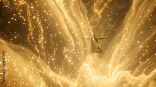 Man bathed in golden cosmic light and nebula with stars reaching out arms in awe