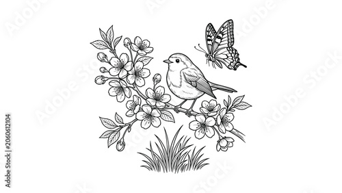 Hand drawn illustration of a bird sitting on a blooming cherry branch with a butterfly.